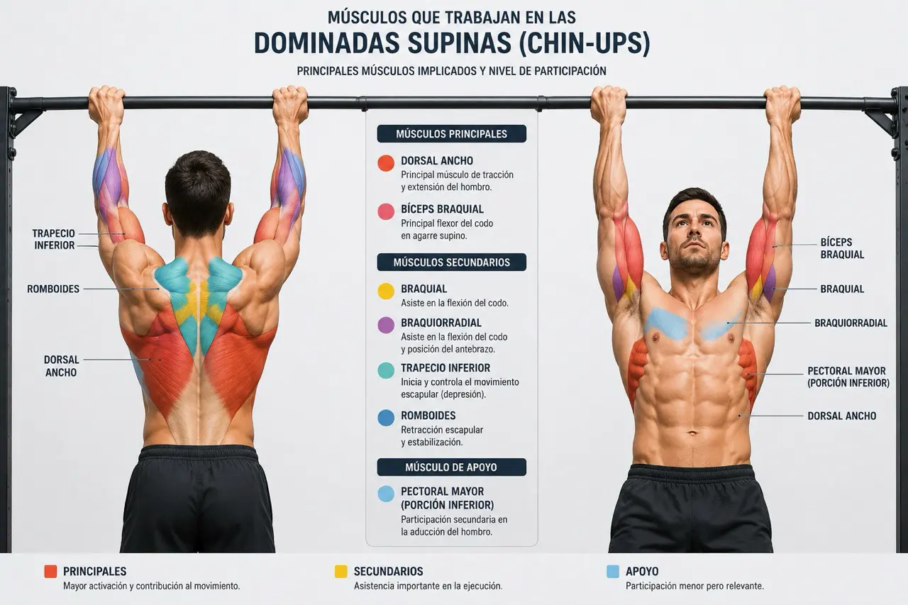 Mapa anatomico de las dominadas supinas con activacion del dorsal ancho, biceps braquial, braquial, braquiorradial, romboides, trapecio inferior y pectoral inferior