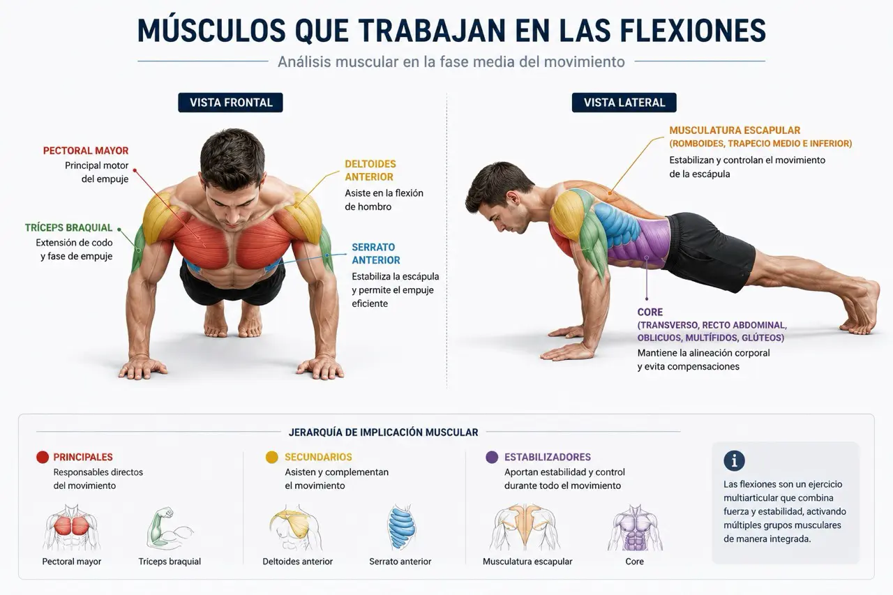 Mapa anatomico de una flexion mostrando pectoral mayor, triceps braquial, deltoides anterior, serrato anterior, musculatura escapular y core