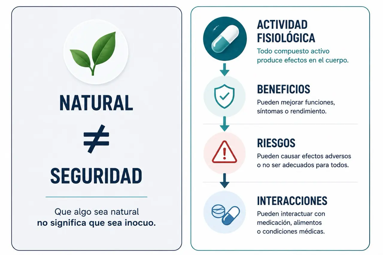 Comparativa visual que explica que natural no equivale a seguridad y que la actividad fisiologica puede implicar beneficios, riesgos e interacciones
