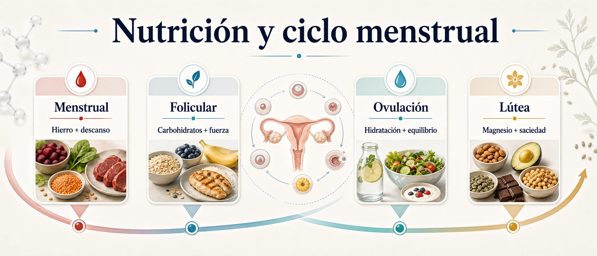 Infografía de nutrición y ciclo menstrual con fases menstrual folicular ovulación y lútea