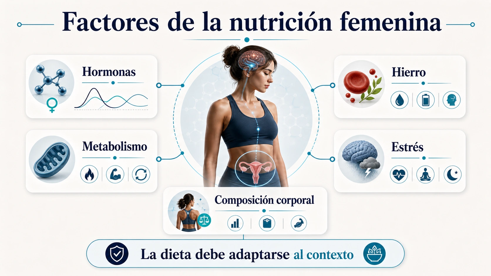 Infografía de factores de la nutrición femenina con hormonas metabolismo hierro estrés y composición corporal