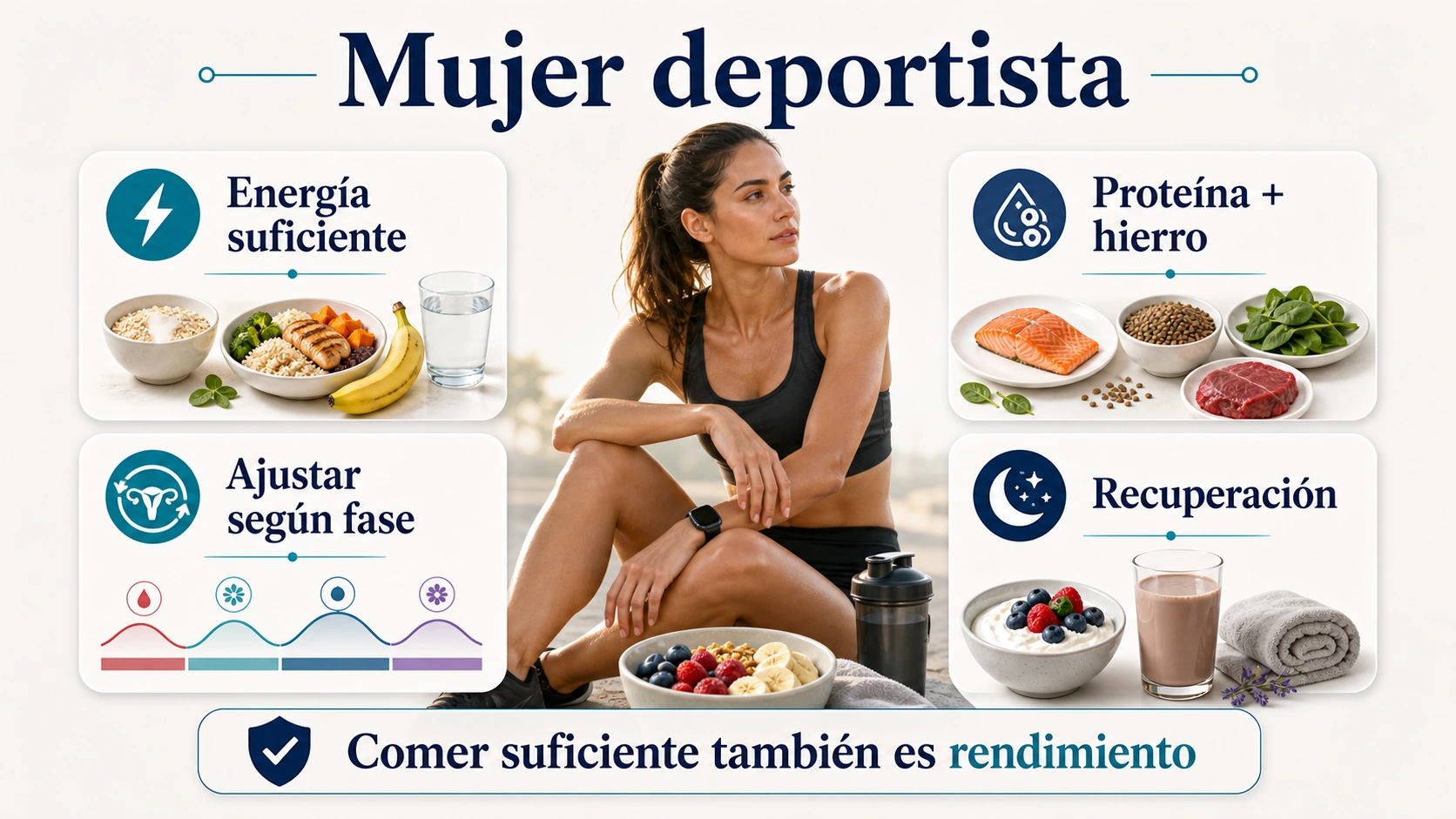 Infografía de nutrición en mujeres deportistas con energía suficiente proteína hierro fase del ciclo y recuperación
