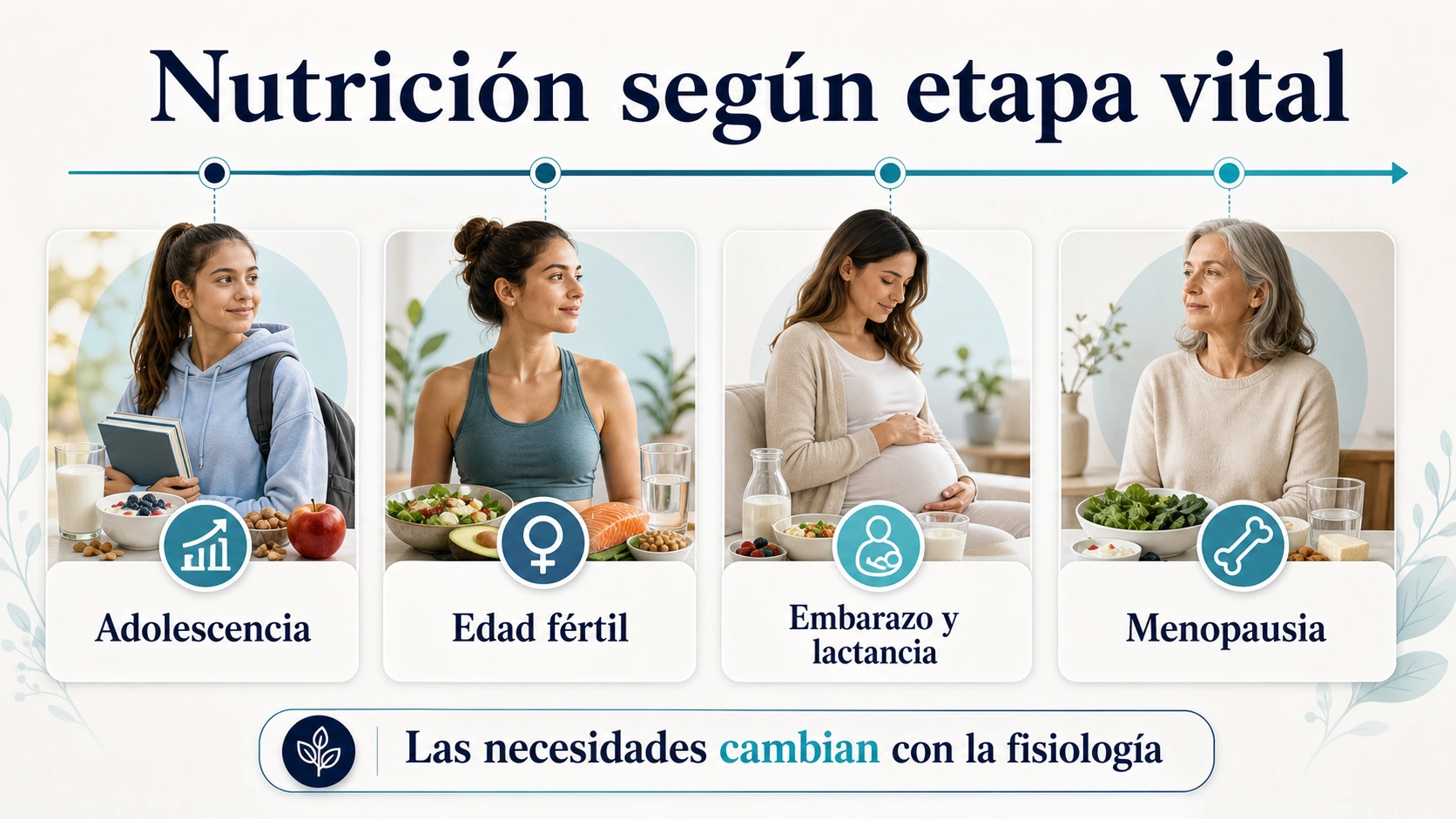 Infografía de nutrición femenina según etapa vital adolescencia edad fértil embarazo lactancia y menopausia