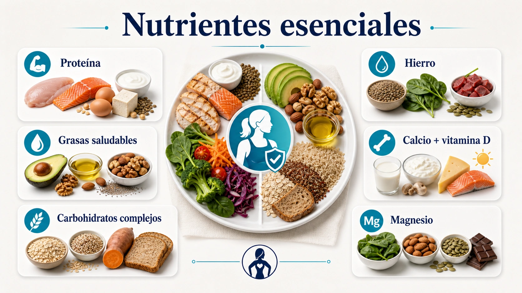 Infografía de nutrientes esenciales para la mujer con proteína grasas saludables carbohidratos hierro calcio vitamina D y magnesio