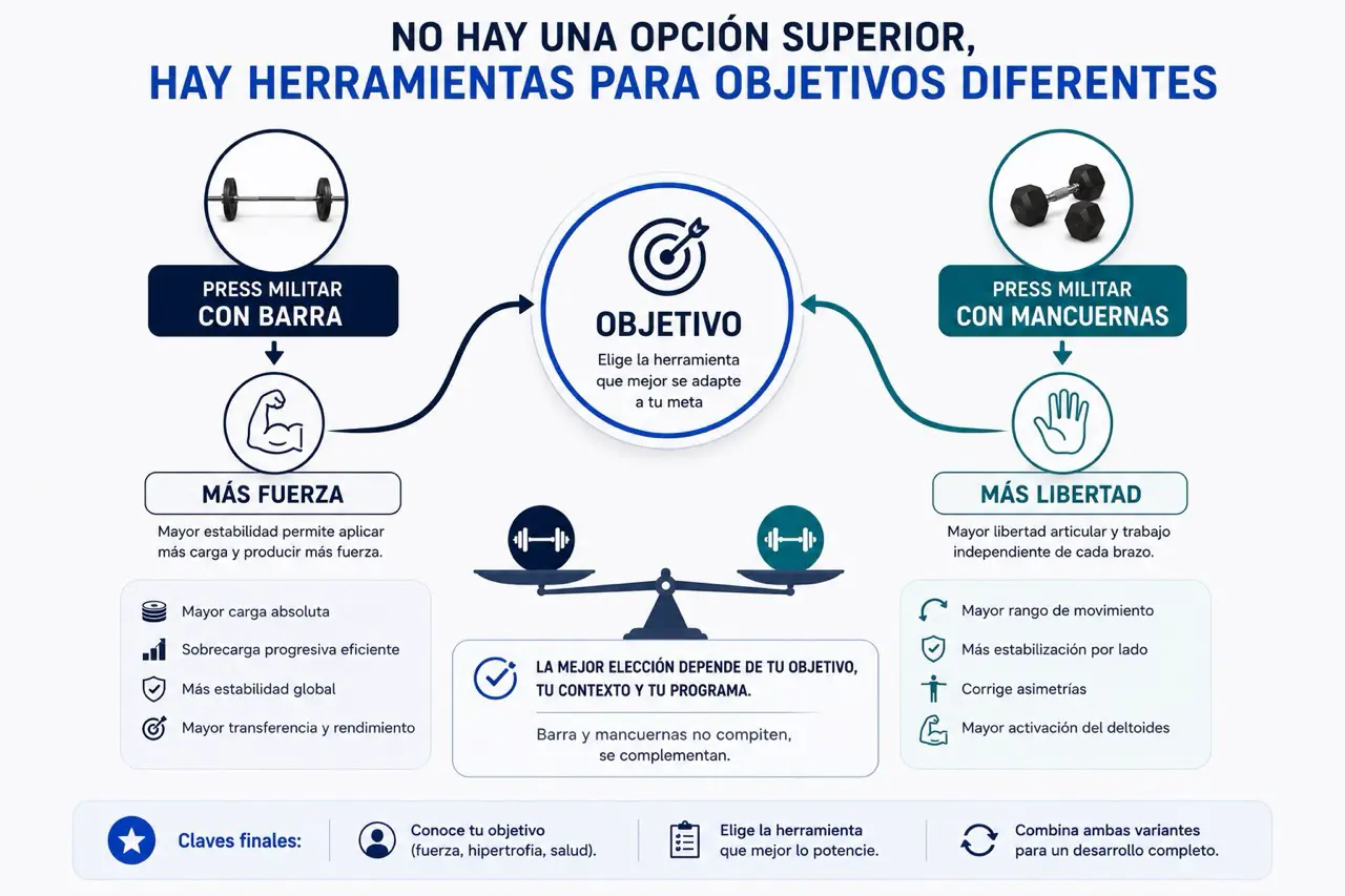 Diagrama de equilibrio del press militar con objetivo al centro, barra para mas fuerza y mancuernas para mas libertad