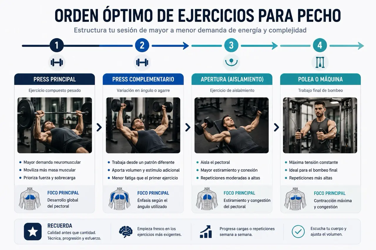 Roadmap de sesion de pecho con press principal, press complementario, apertura y polea o maquina como secuencia ideal de ejercicios