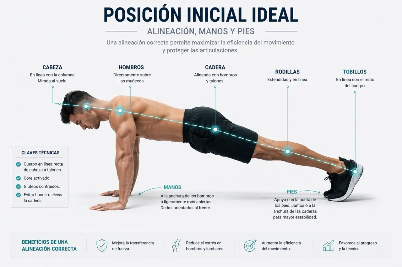 Diagrama tecnico de la posicion inicial correcta en flexiones con alineacion de cabeza, hombros, cadera, rodillas y tobillos