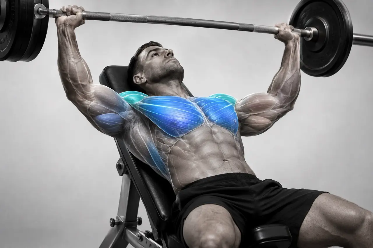 Atleta realizando press banca inclinado con overlay anatomico que destaca pectoral superior, deltoides anterior y triceps