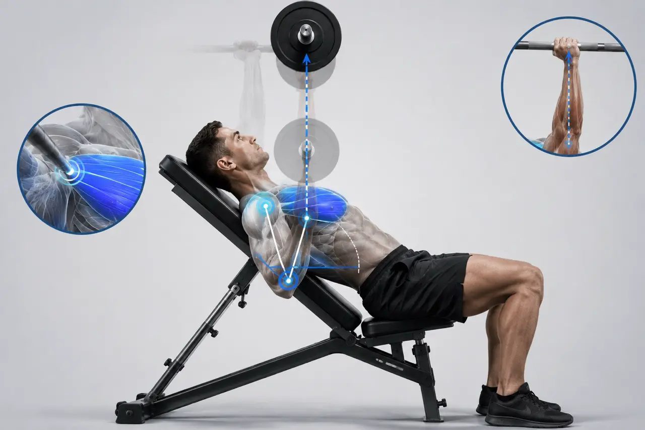 Ilustracion tecnica del press banca inclinado con trayectoria correcta de la barra, codos a 45 grados y activacion del pectoral superior