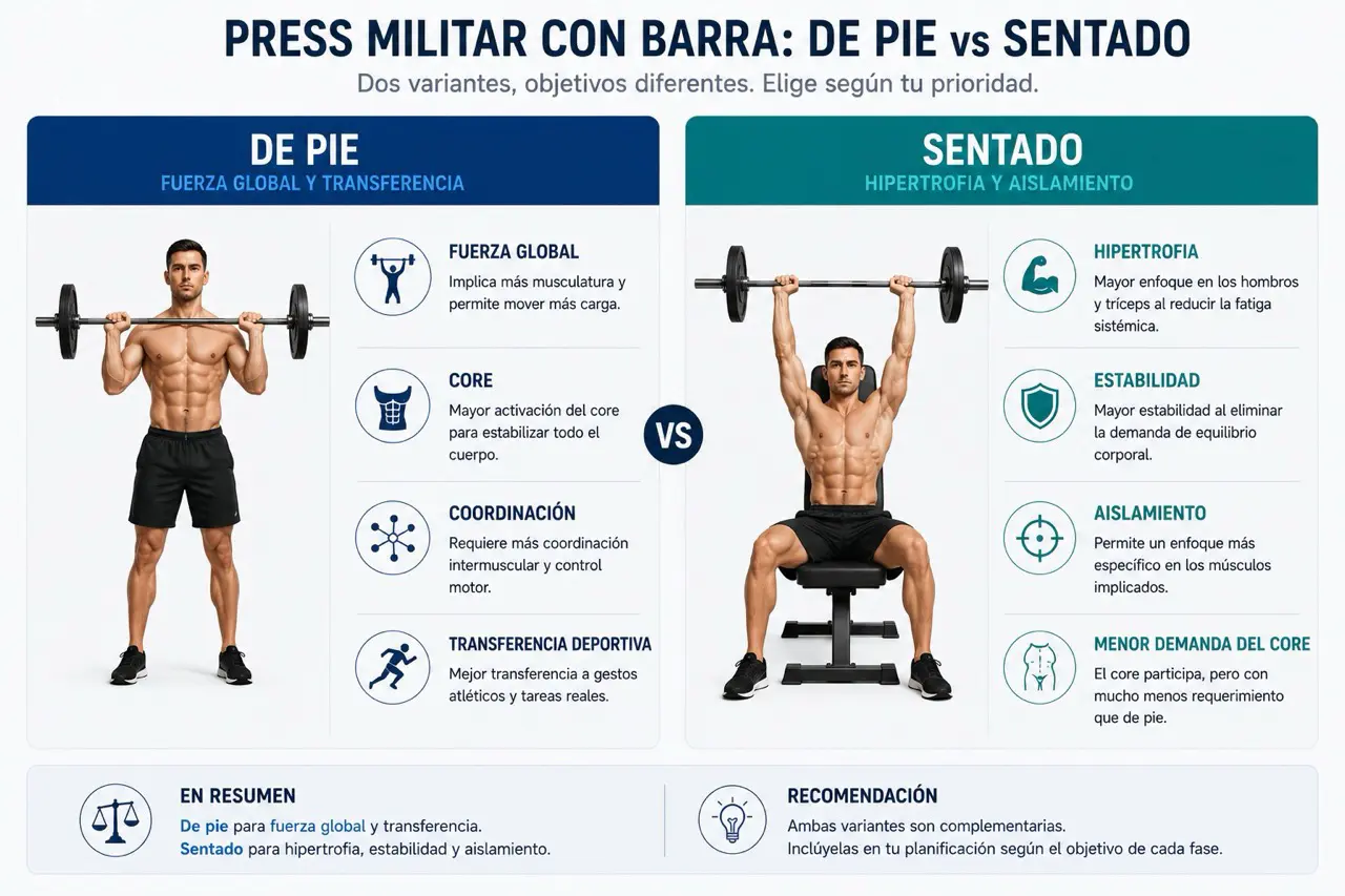 Tabla visual comparando press militar con barra de pie y sentado segun fuerza global, core, coordinacion, transferencia deportiva, hipertrofia, estabilidad y aislamiento