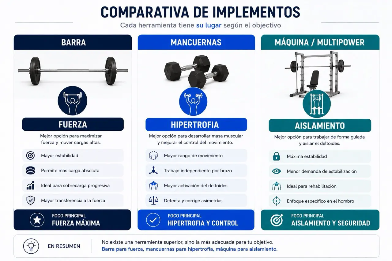 Tabla visual comparando barra, mancuernas y maquina en press militar segun fuerza, hipertrofia y aislamiento