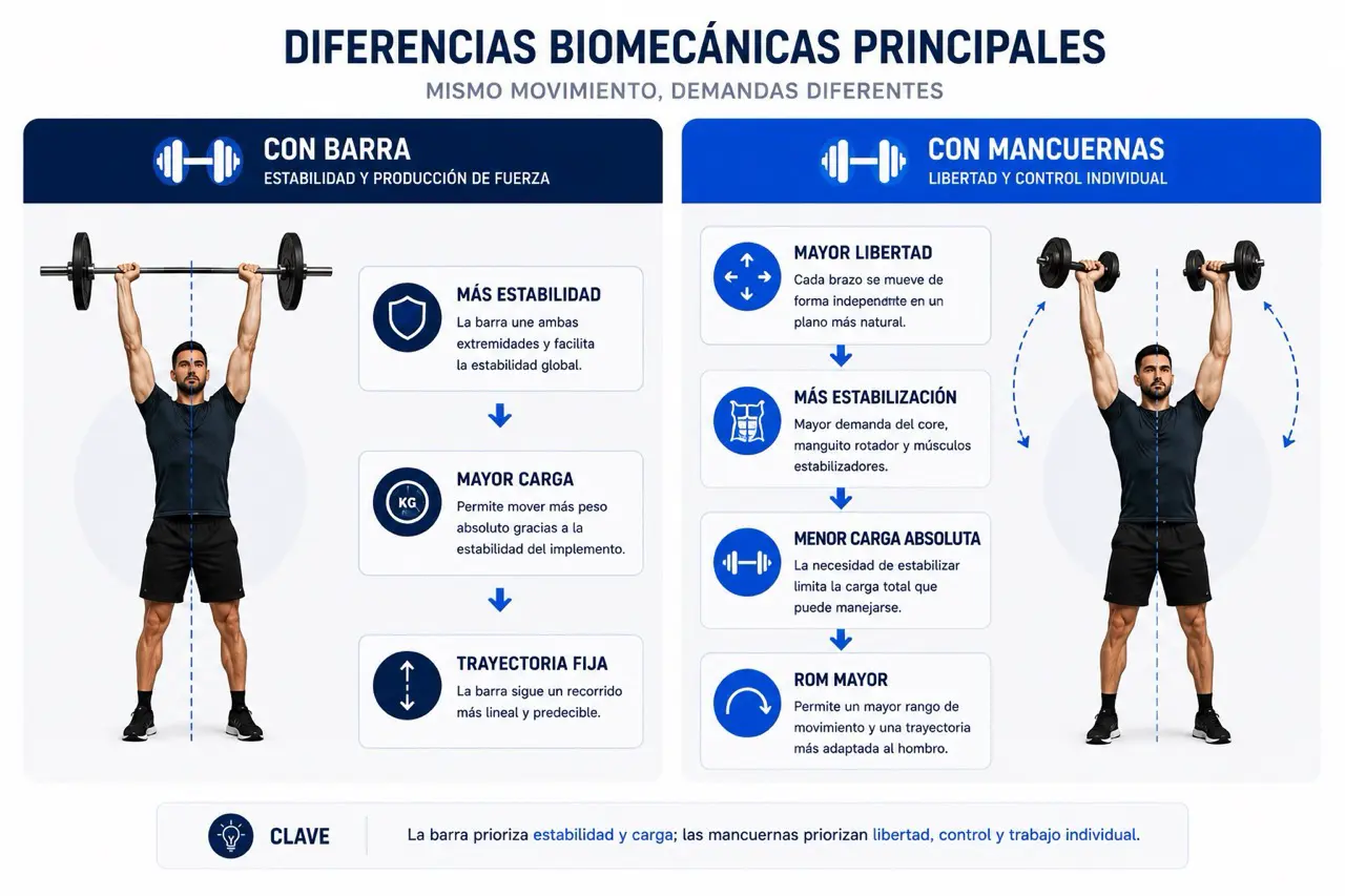Comparativa biomecanica entre press militar con barra y mancuernas mostrando estabilidad, carga, trayectoria fija, libertad, estabilizacion y mayor ROM