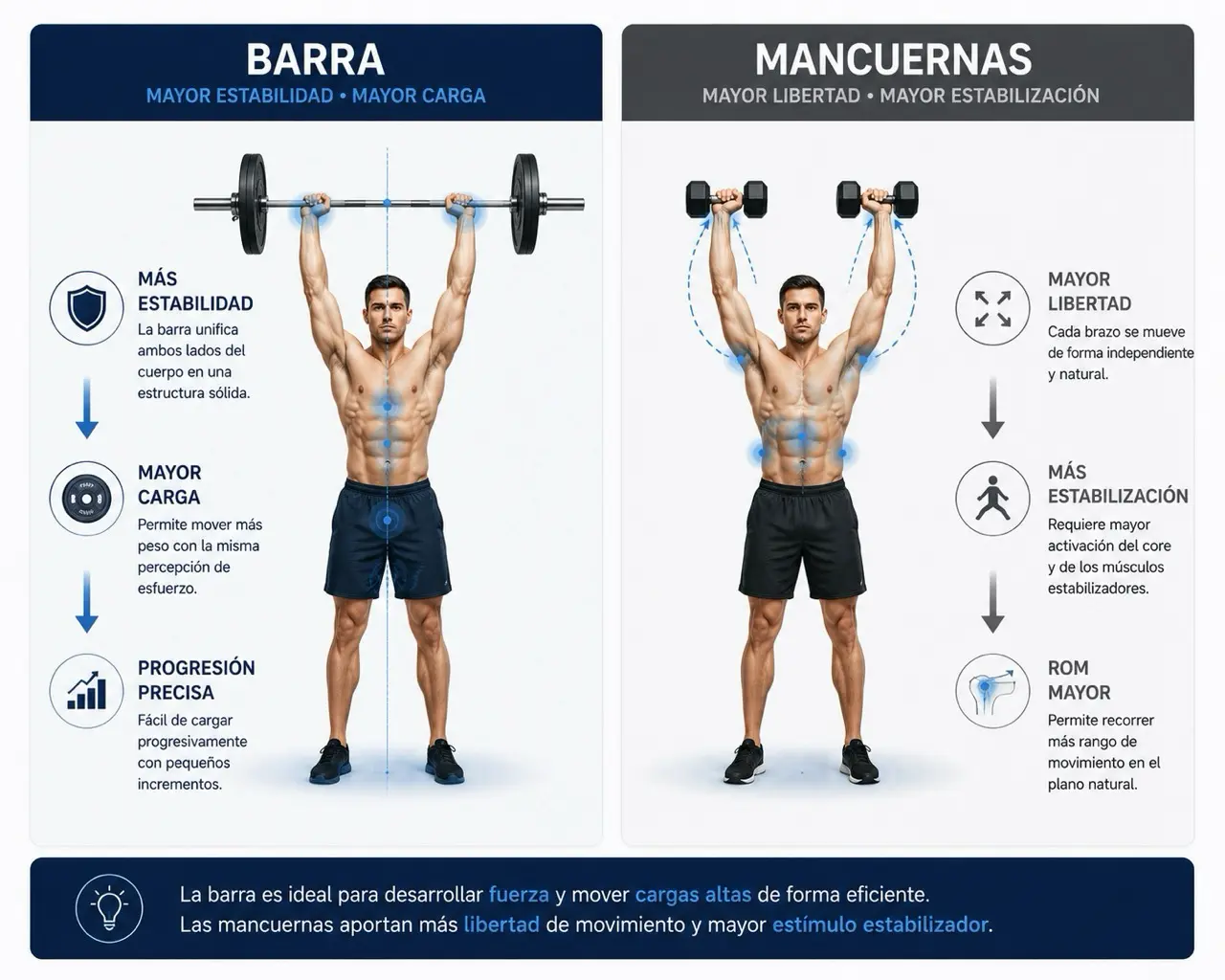Comparativa biomecanica entre press militar con barra y mancuernas mostrando estabilidad, mayor carga, progresion precisa, libertad, estabilizacion y ROM