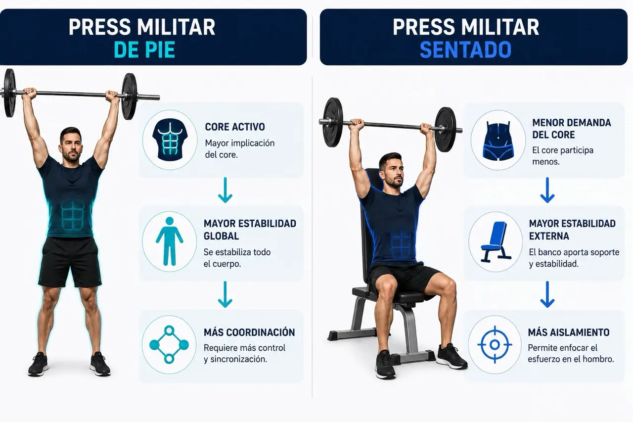Comparativa biomecanica entre press militar de pie y sentado mostrando core activo, estabilidad global, coordinacion, menor demanda del core, estabilidad externa y aislamiento