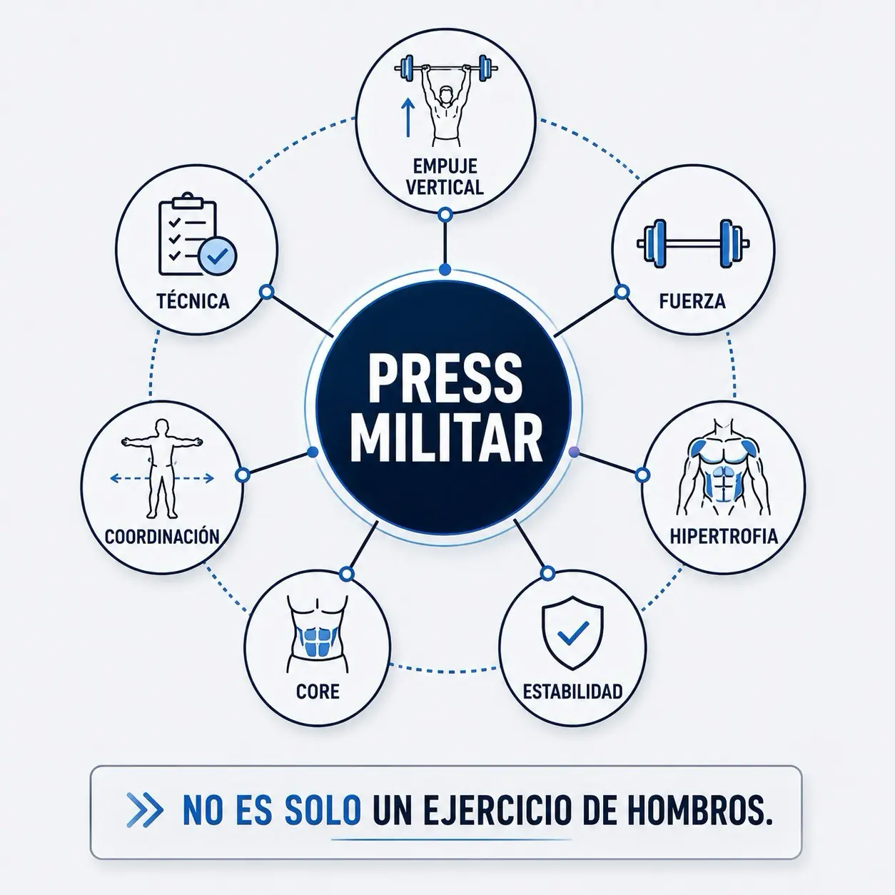 Infografia radial del press militar con empuje vertical, fuerza, hipertrofia, estabilidad, core, coordinacion y tecnica conectados