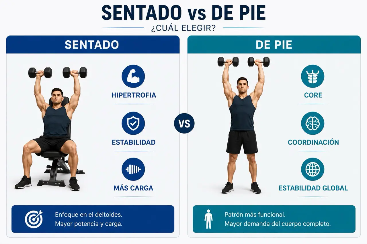 Tabla visual comparando press militar con mancuernas sentado y de pie segun hipertrofia, estabilidad, carga, core, coordinacion y estabilidad global