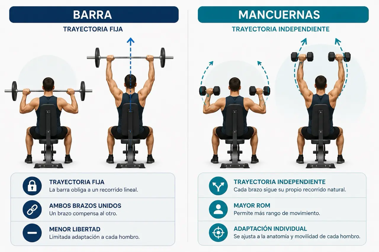 Comparativa biomecanica entre press militar con barra y con mancuernas mostrando trayectoria fija frente a trayectoria independiente, mayor ROM y adaptacion individual