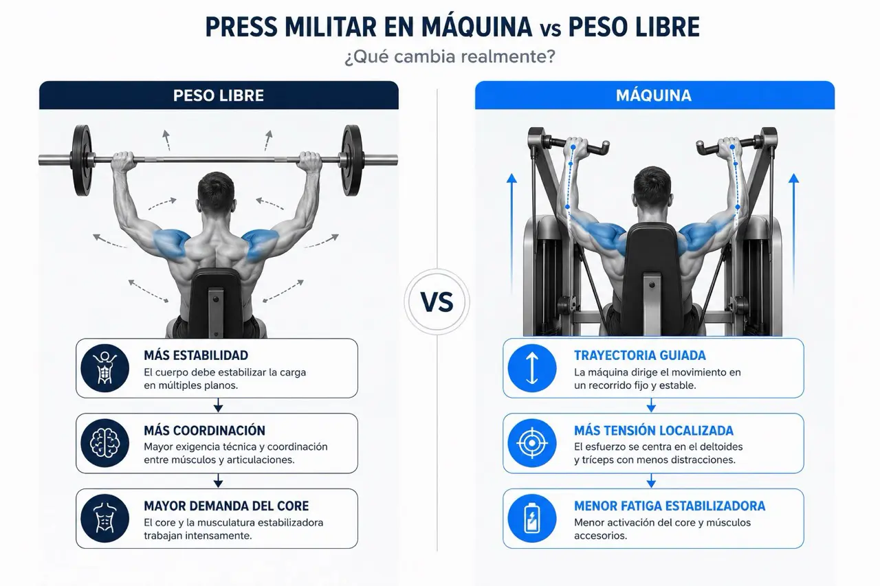 Comparativa biomecanica entre press militar con peso libre y maquina mostrando estabilidad, coordinacion, core, trayectoria guiada y tension localizada