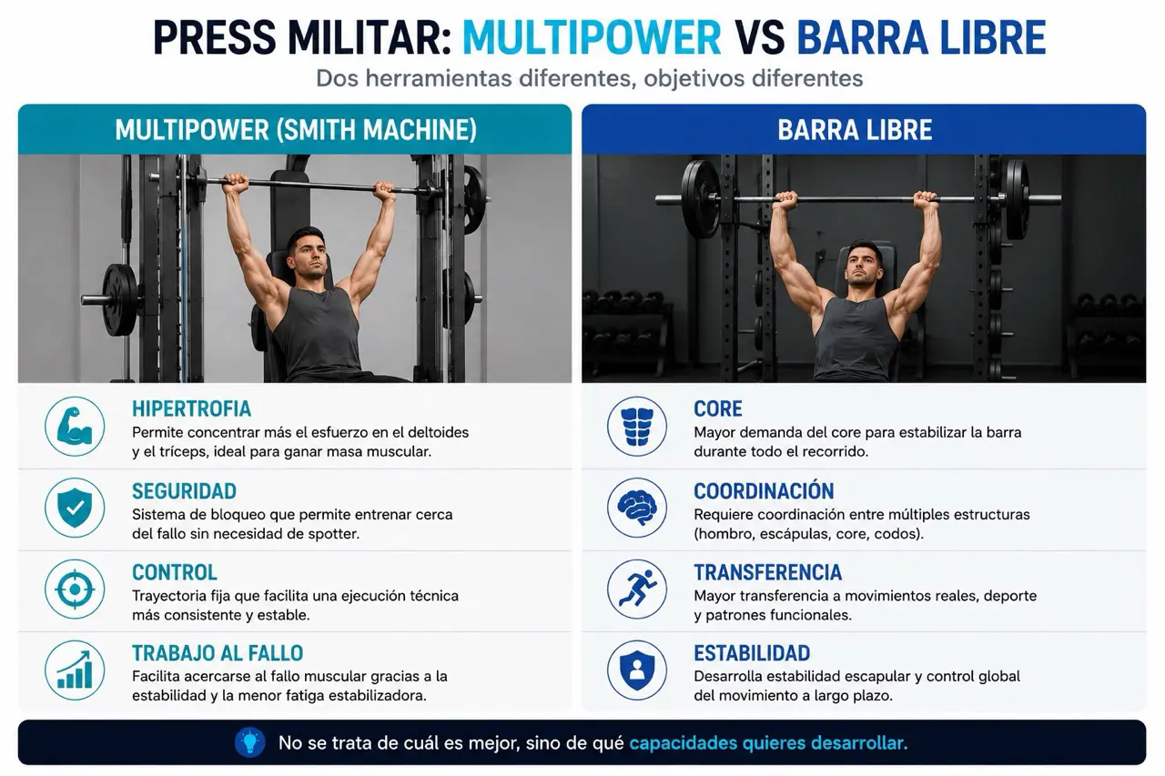 Tabla visual comparando press militar en multipower y barra libre segun hipertrofia, seguridad, control, trabajo al fallo, core, coordinacion, transferencia y estabilidad