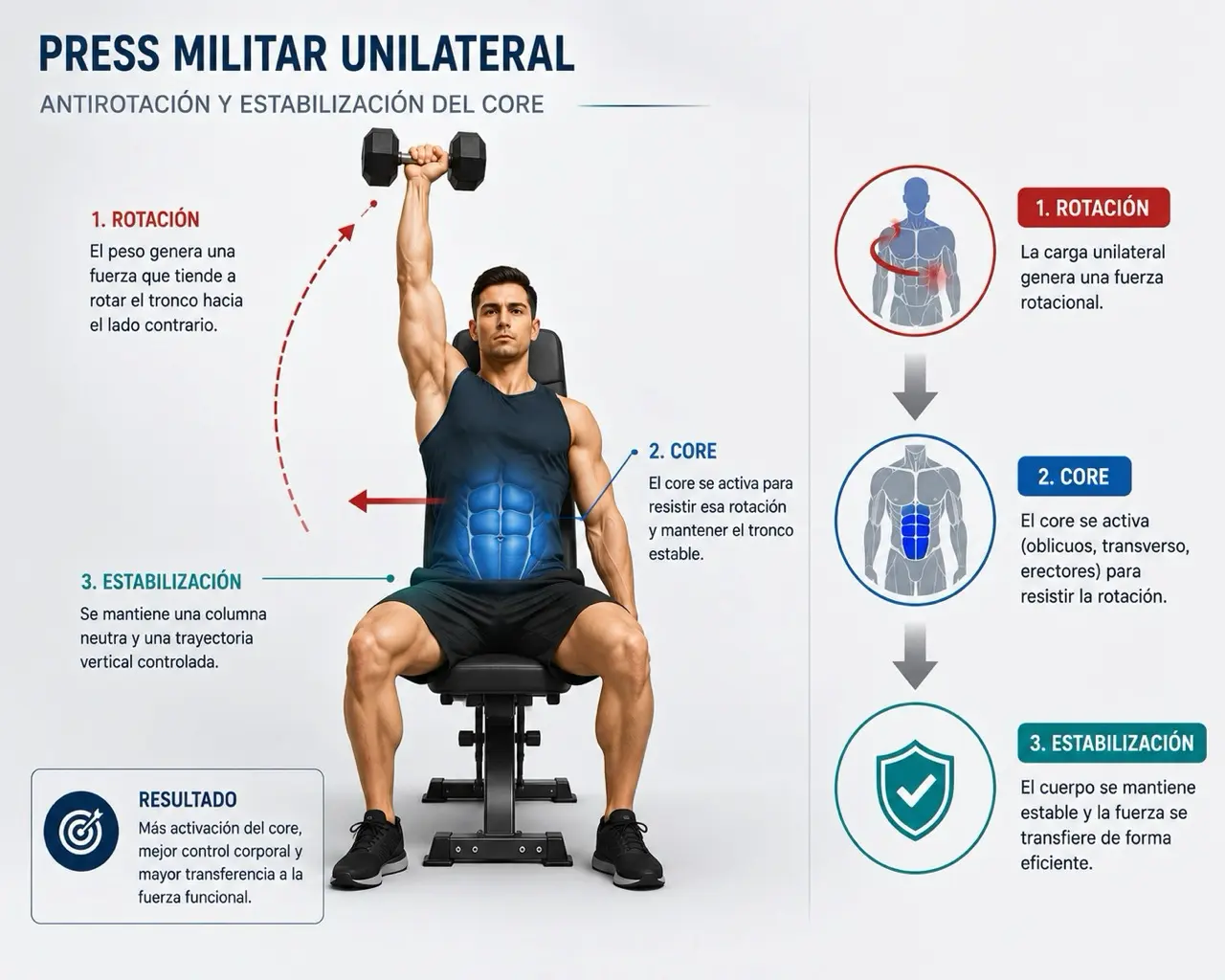 Diagrama biomecanico del press militar unilateral con una mancuerna, flechas de rotacion y estabilizacion del core con abdomen resaltado