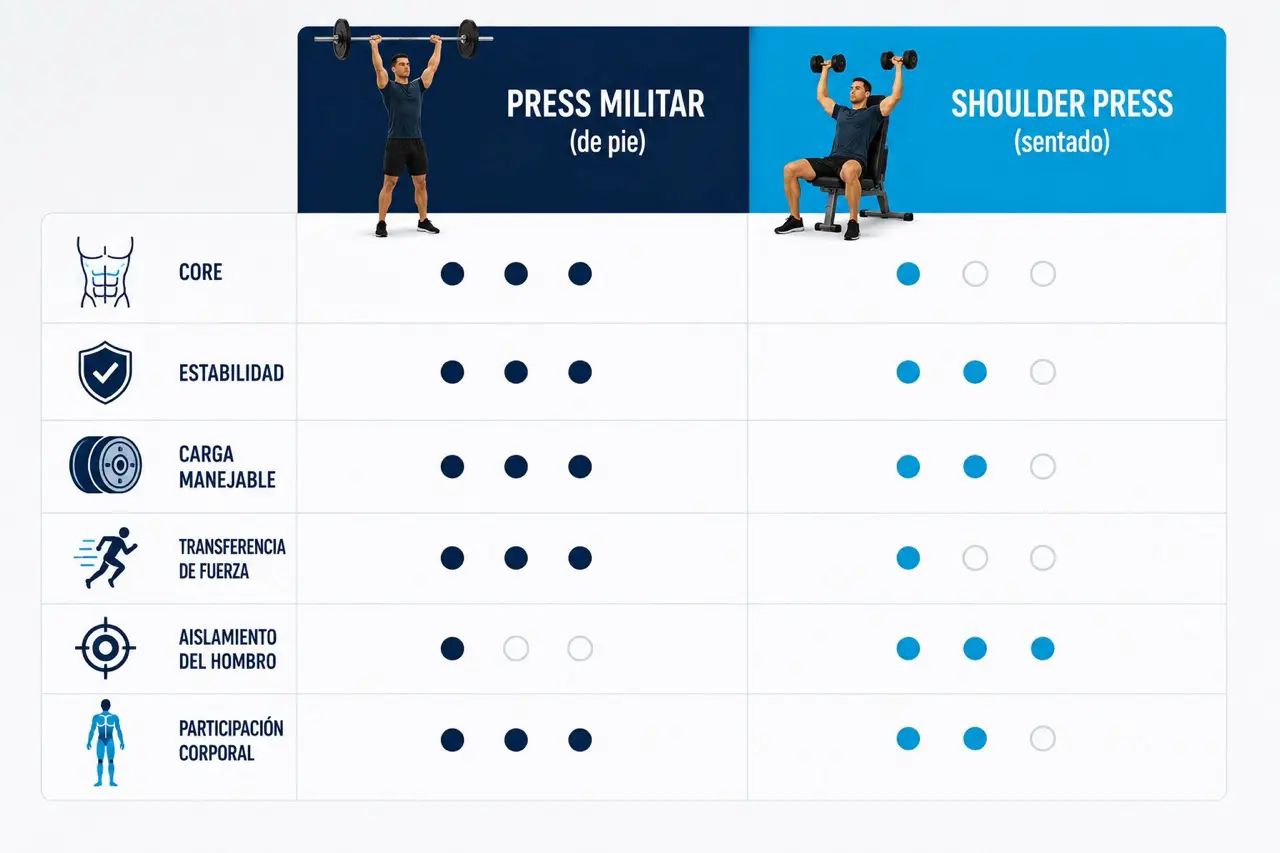 Comparativa visual entre press militar de pie y shoulder press sentado con core, estabilidad, carga, transferencia, aislamiento y participacion corporal