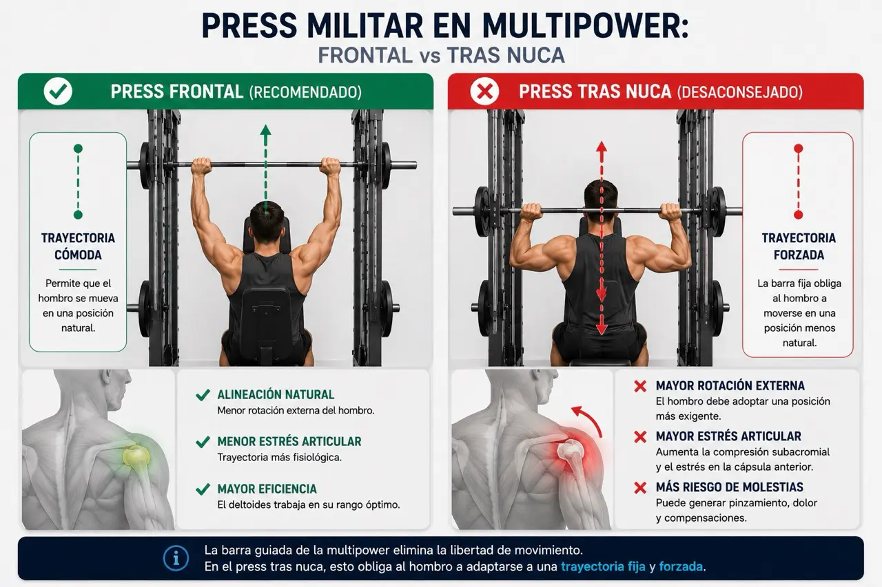 Comparativa biomecanica entre press frontal y press tras nuca en multipower mostrando mayor rotacion externa y mayor estres articular del hombro