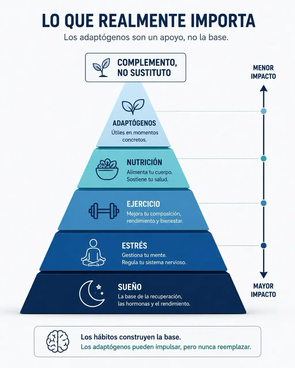 Piramide de prioridades con sueño, gestion del estres, ejercicio, nutricion y adaptogenos como complemento no sustituto