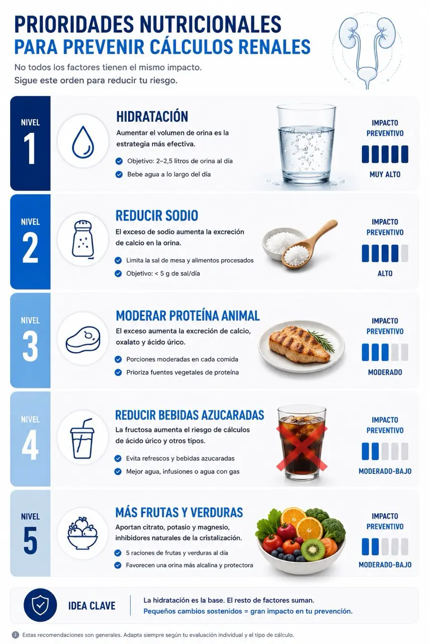 Infografia con prioridades nutricionales para prevenir calculos renales: hidratacion, reducir sodio, moderar proteina animal, reducir bebidas azucaradas y aumentar frutas y verduras