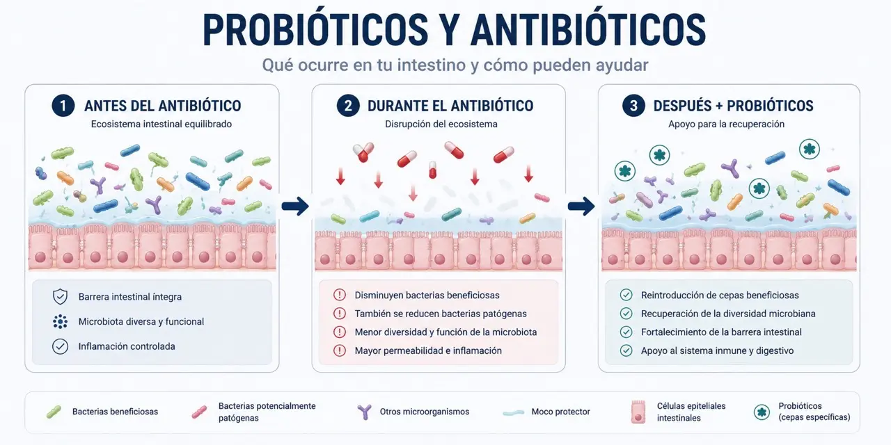 Secuencia visual de tratamiento antibiotico que muestra reduccion de bacterias beneficiosas y patogenas, ecosistema intestinal alterado y posible ayuda de cepas probioticas