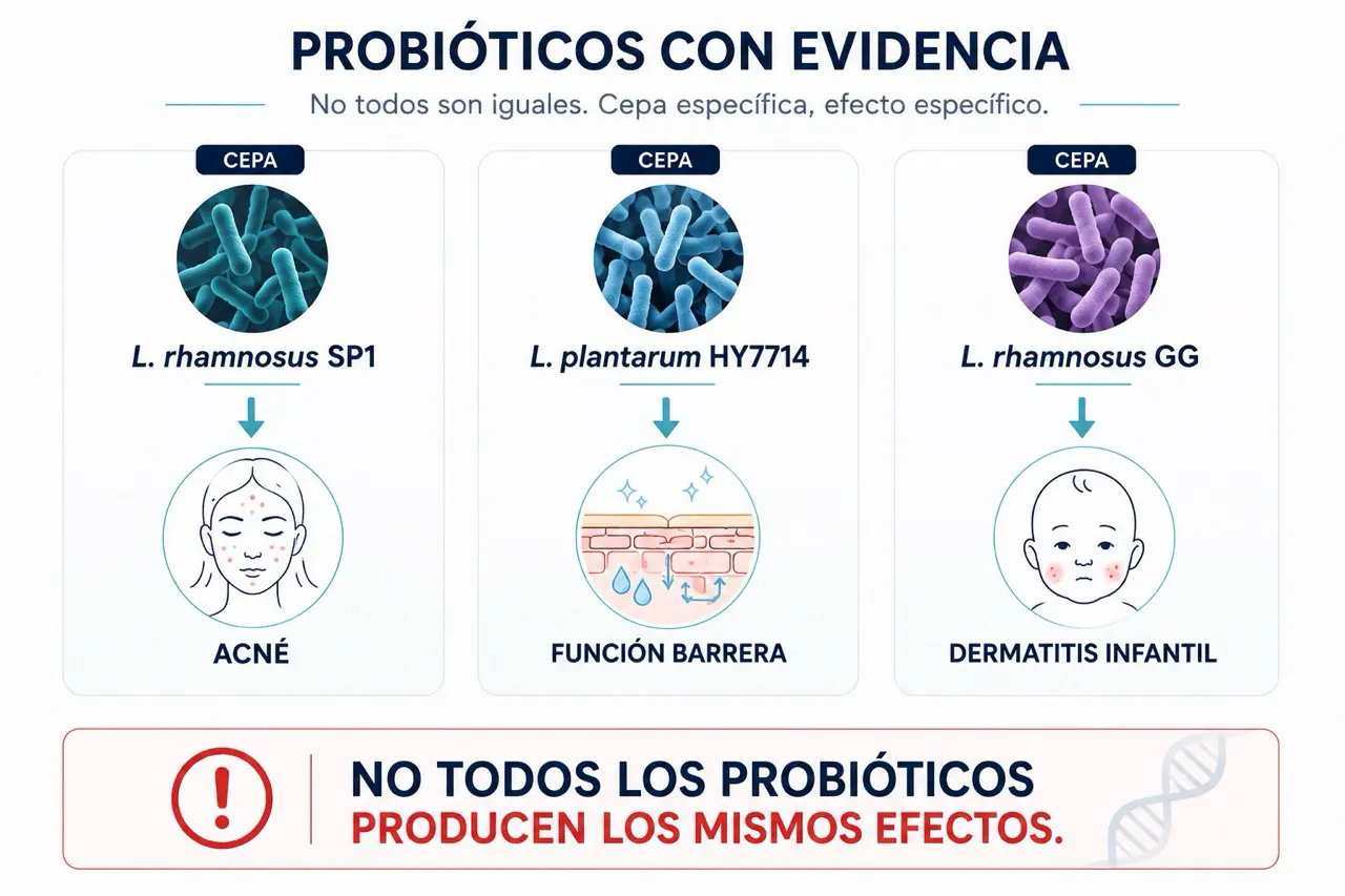 Comparativa cientifica de probioticos con evidencia dermatologica: L rhamnosus SP1 para acne, L plantarum HY7714 para funcion barrera y L rhamnosus GG para dermatitis infantil