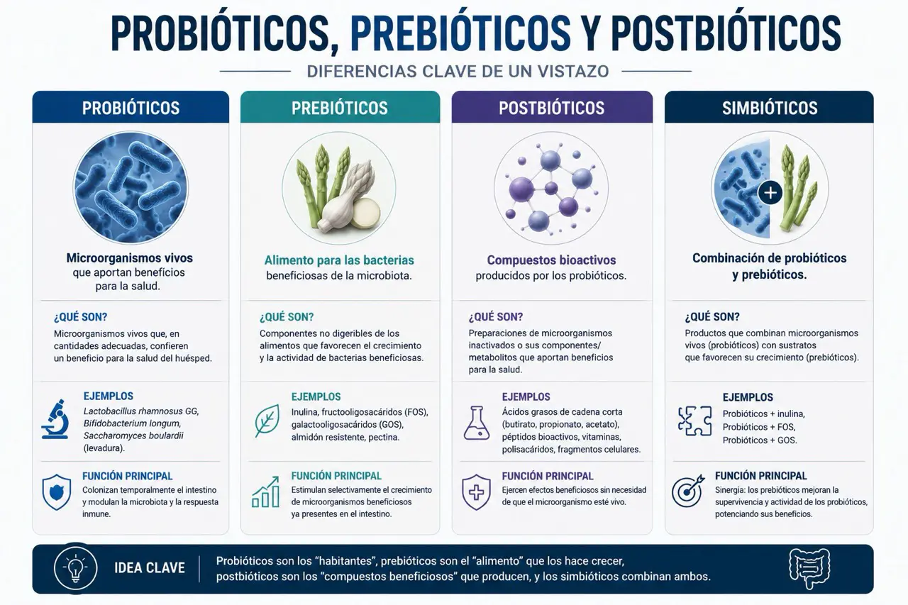 Comparativa cientifica entre probioticos, prebioticos, postbioticos y simbioticos con representacion visual de microorganismo vivo, alimento microbiano, metabolitos y combinacion
