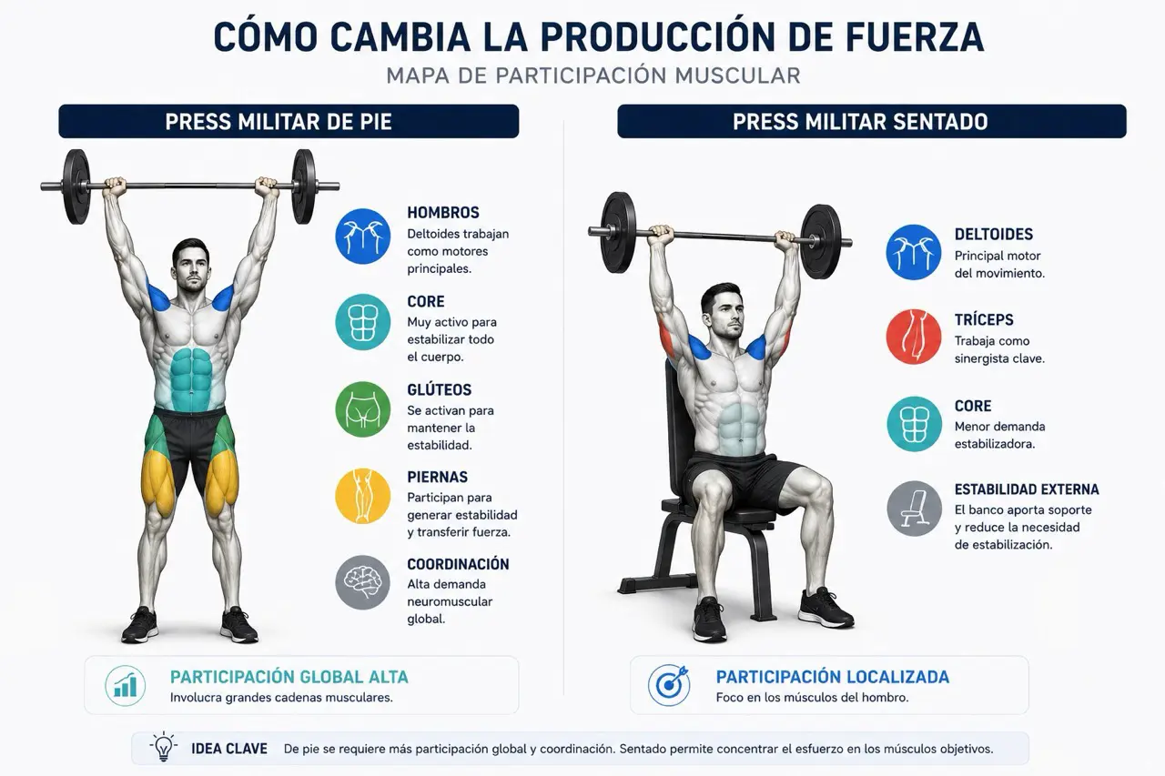 Mapa corporal comparativo del press militar de pie y sentado mostrando core, gluteos, piernas, hombros, deltoides y triceps
