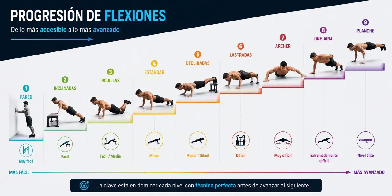 Escalera de progresion de flexiones desde pared, inclinadas, rodillas y estandar hasta declinadas, lastradas, archer, one arm y planche