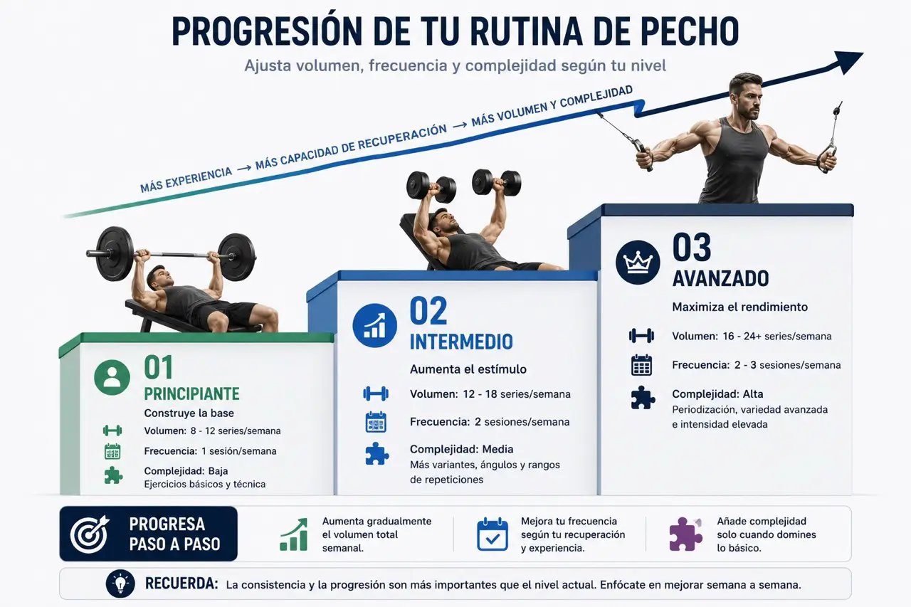 Escalera de progresion de rutina de pecho para principiante, intermedio y avanzado mostrando aumento de volumen, frecuencia y complejidad