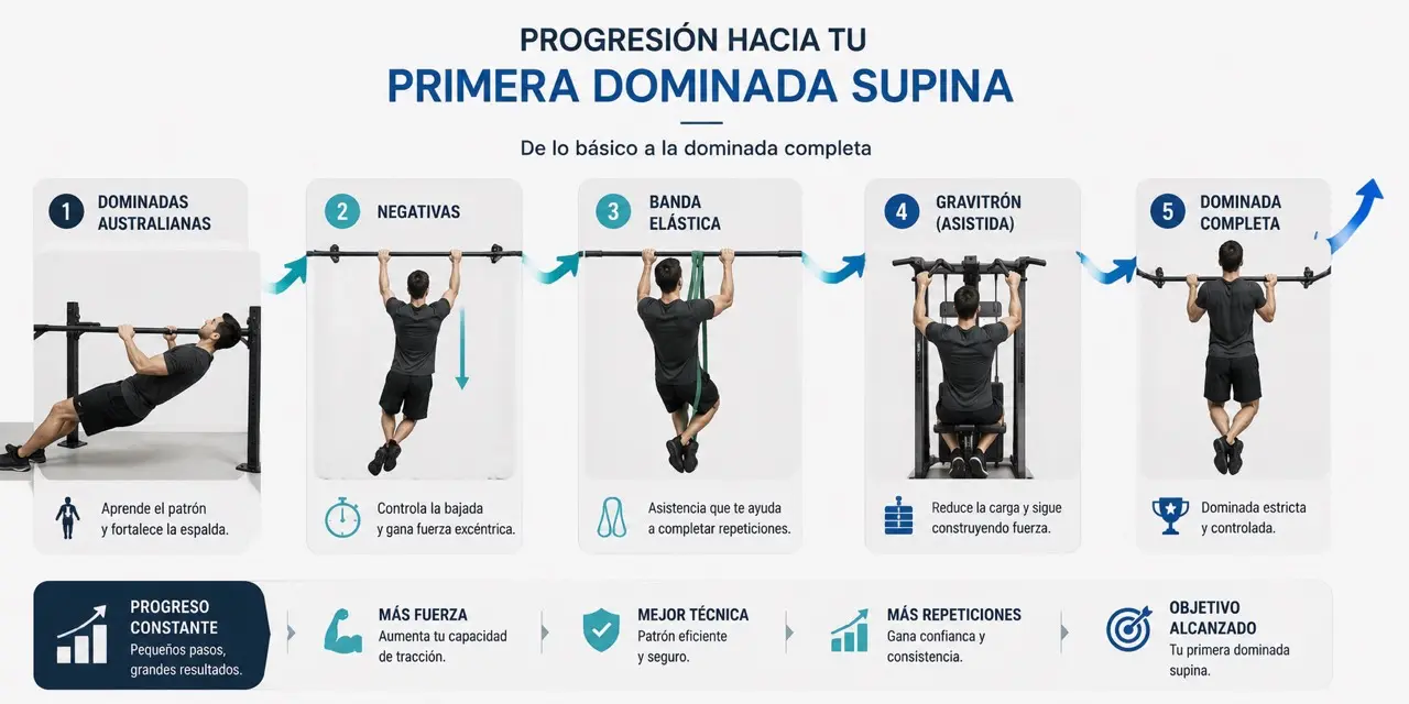 Ruta de progresion para conseguir la primera dominada supina con dominadas australianas, negativas, banda elastica, gravitron y dominada completa