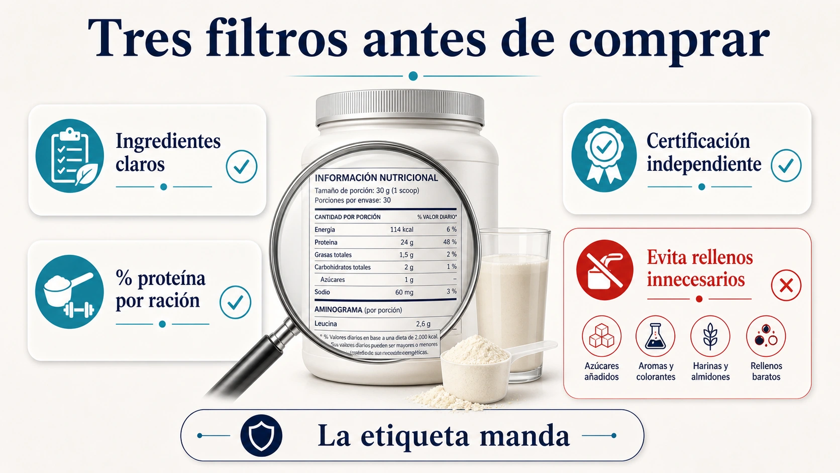 Infografía de filtros para comprar proteína de calidad con ingredientes claros porcentaje por ración certificación y rellenos