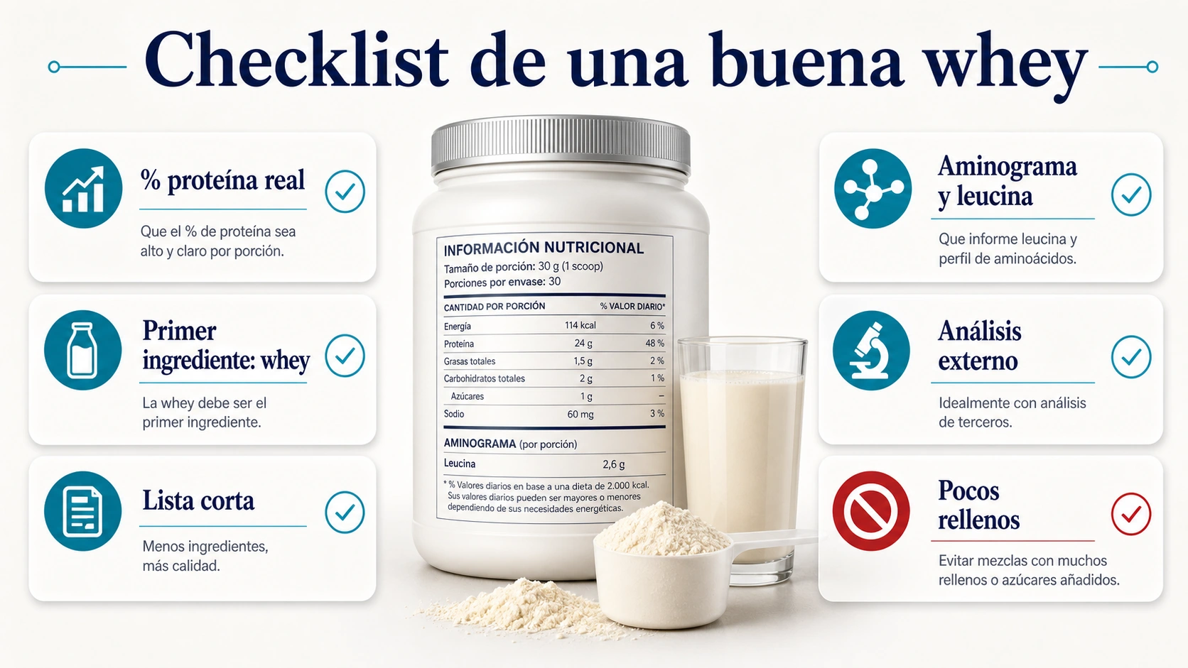 Checklist de calidad para elegir proteína whey con porcentaje real ingredientes aminograma leucina y análisis externo