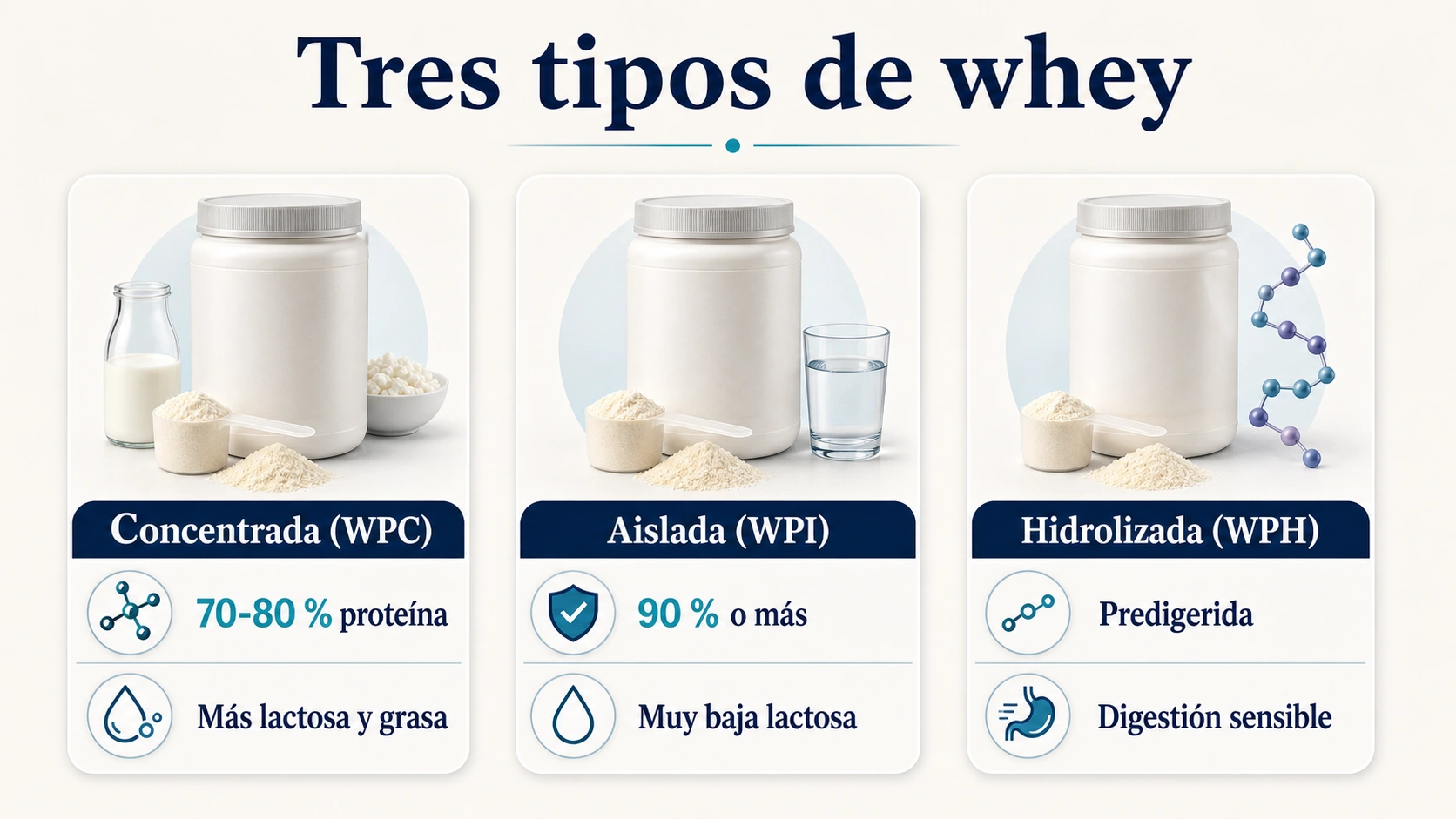 Comparativa de proteína whey concentrada aislada e hidrolizada con porcentaje de proteína lactosa y digestión