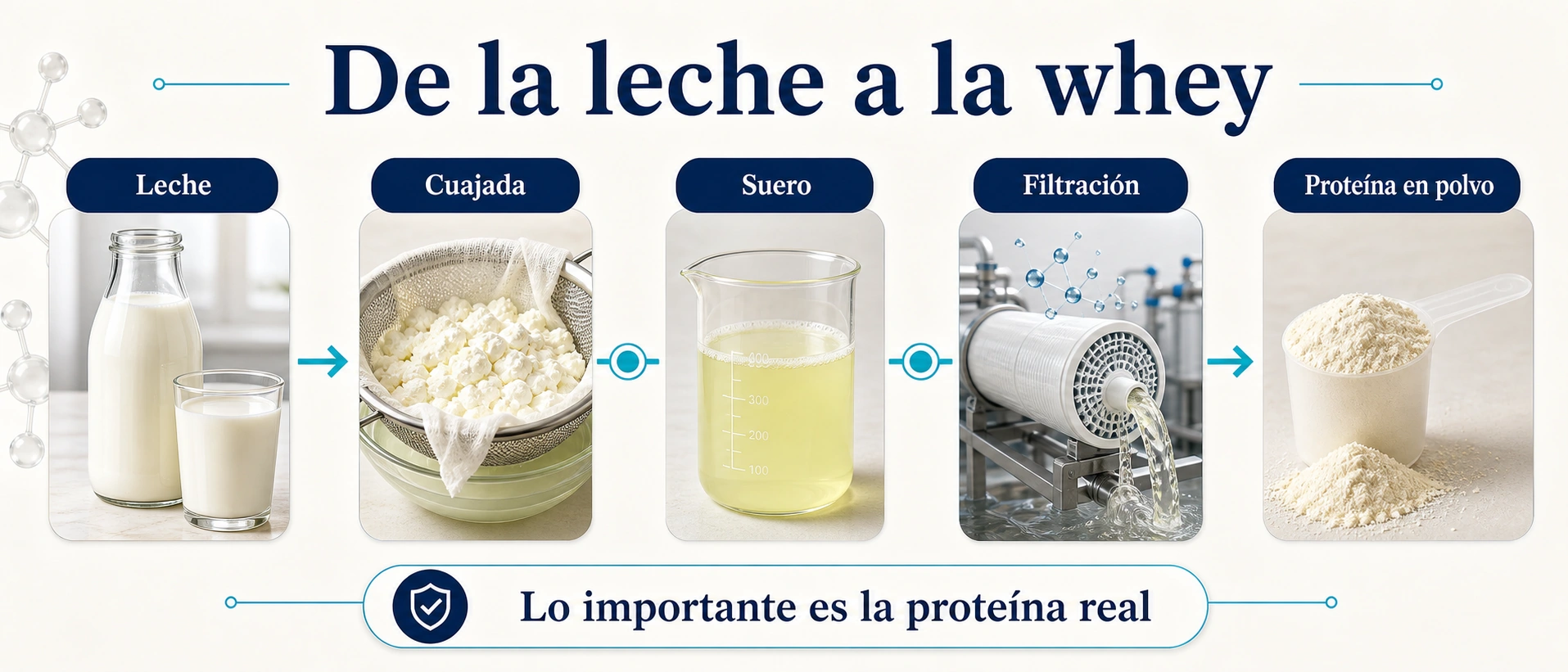 Infografía del proceso de obtención de proteína whey desde leche suero filtración y proteína en polvo