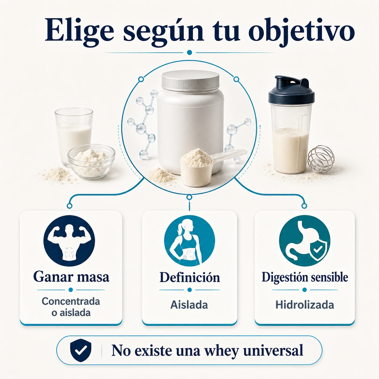 Árbol de decisión para elegir proteína whey según objetivo ganar masa definición o digestión sensible