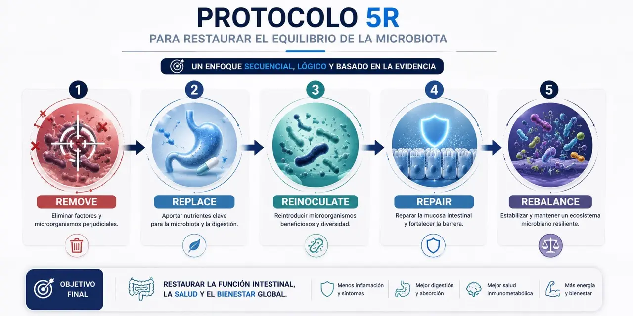 Roadmap del protocolo 5R para restaurar la microbiota intestinal con remove, replace, reinoculate, repair y rebalance