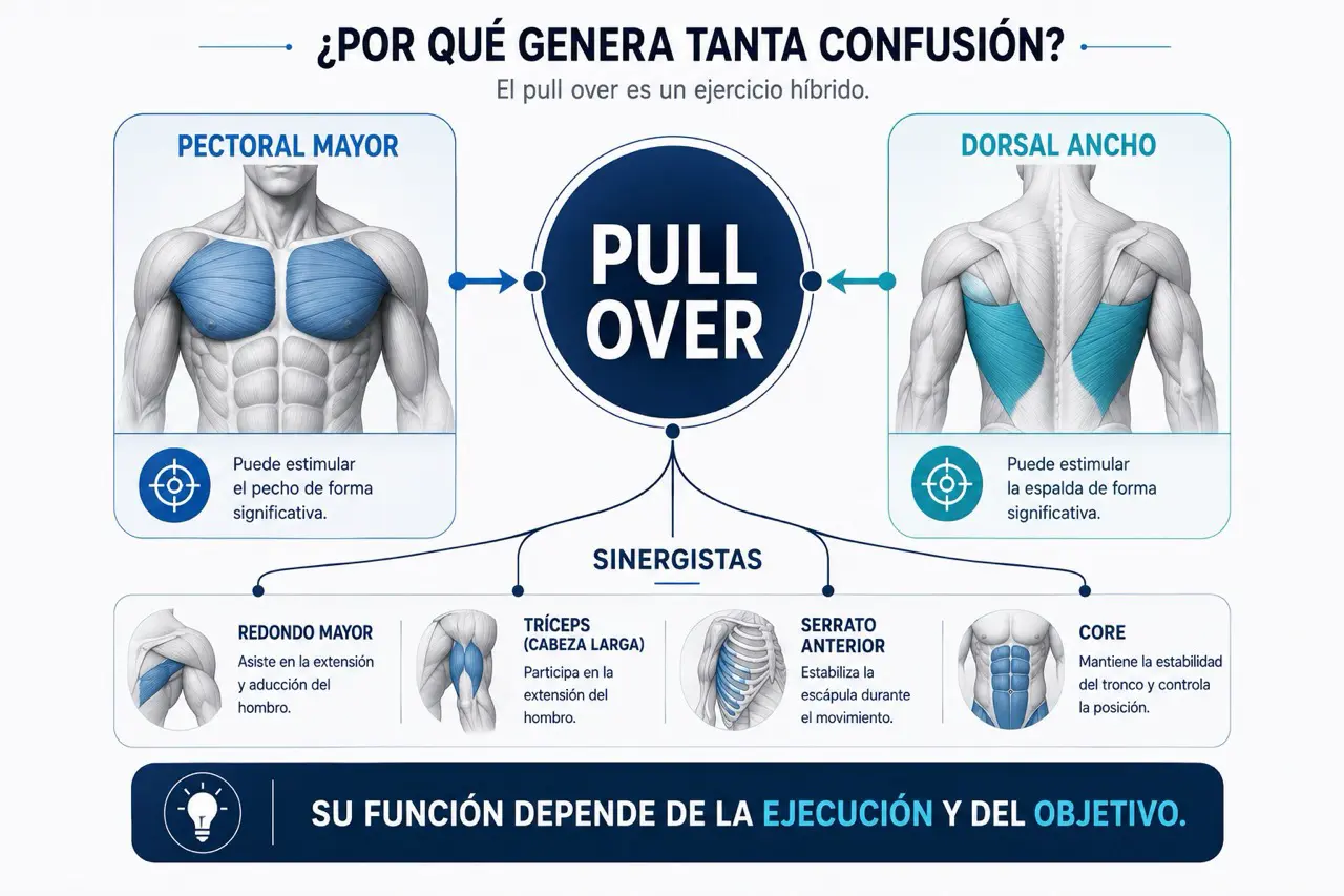 Diagrama editorial del pull over como ejercicio mixto con pectoral mayor, dorsal ancho y sinergistas como redondo mayor, triceps cabeza larga, serrato y core