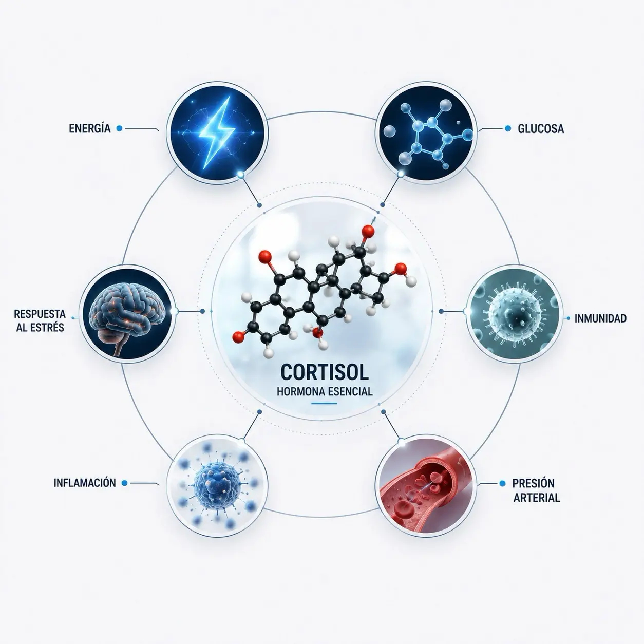 Mapa funcional del cortisol con energia, glucosa, inflamacion, inmunidad, presion arterial y respuesta al estres alrededor de una representacion molecular