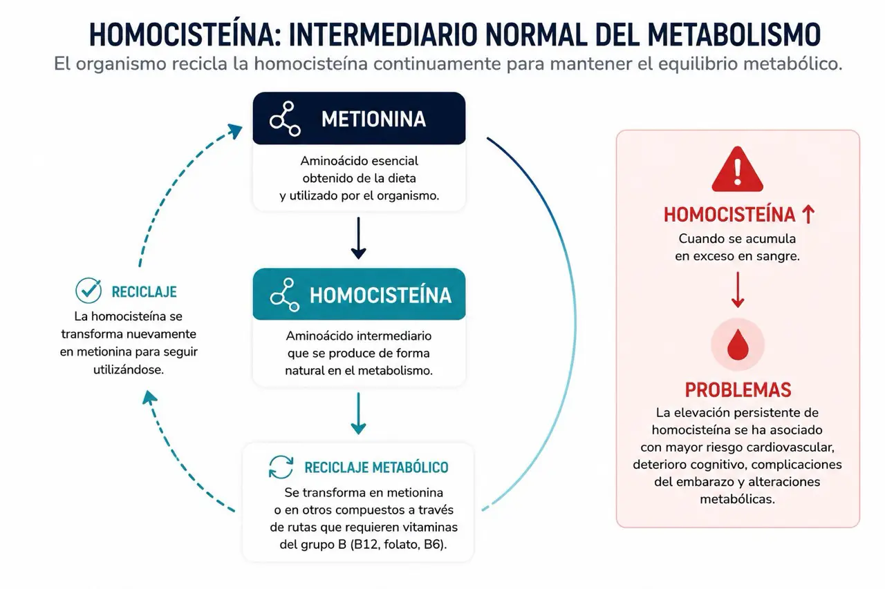 Diagrama metabolico sencillo de metionina, homocisteina, reciclaje y acumulacion de homocisteina cuando se eleva