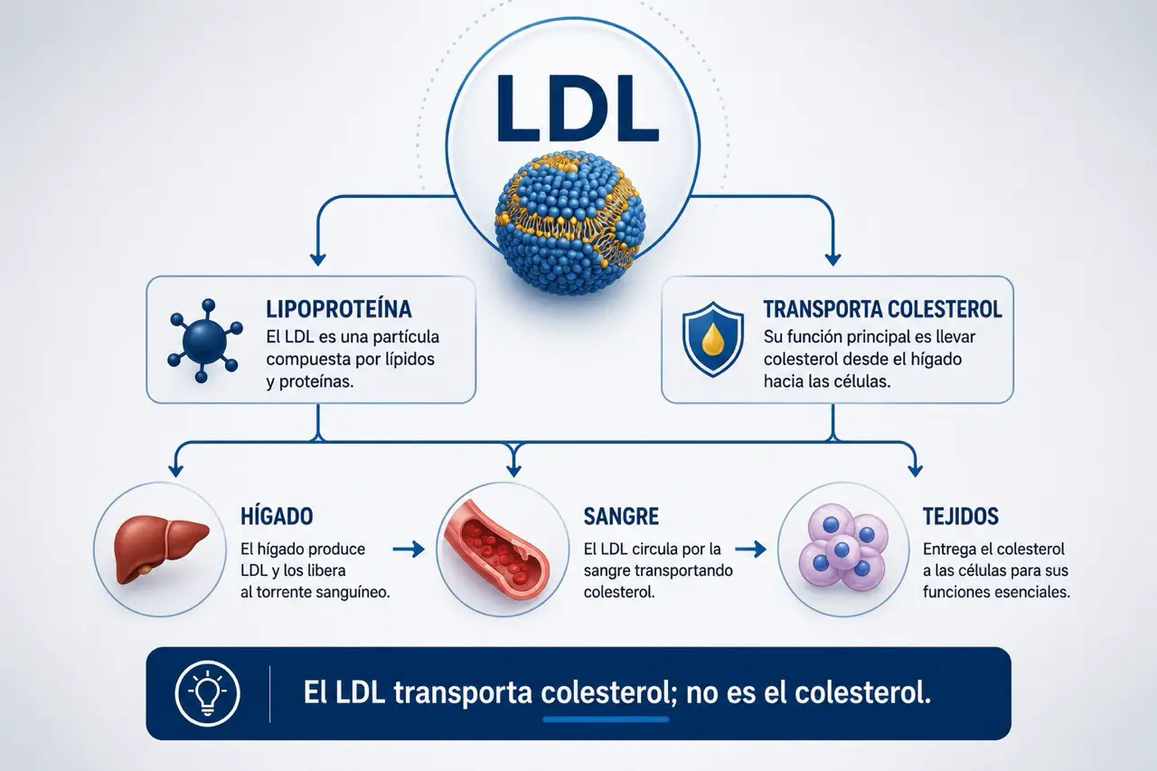 Diagrama editorial que explica que el LDL es una lipoproteina que transporta colesterol entre higado, sangre y tejidos