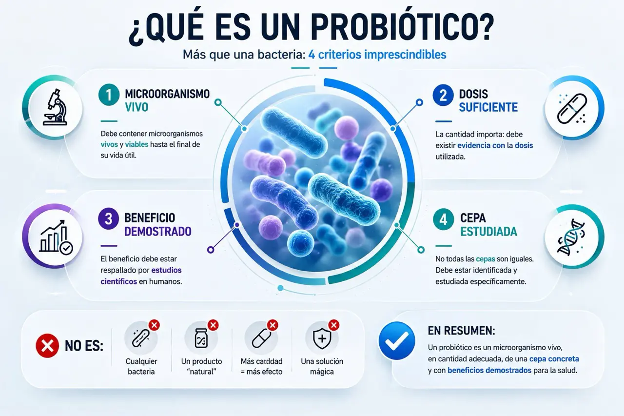 Diagrama conceptual que explica que un probiotico debe ser un microorganismo vivo, en dosis suficiente, con beneficio demostrado y cepa estudiada