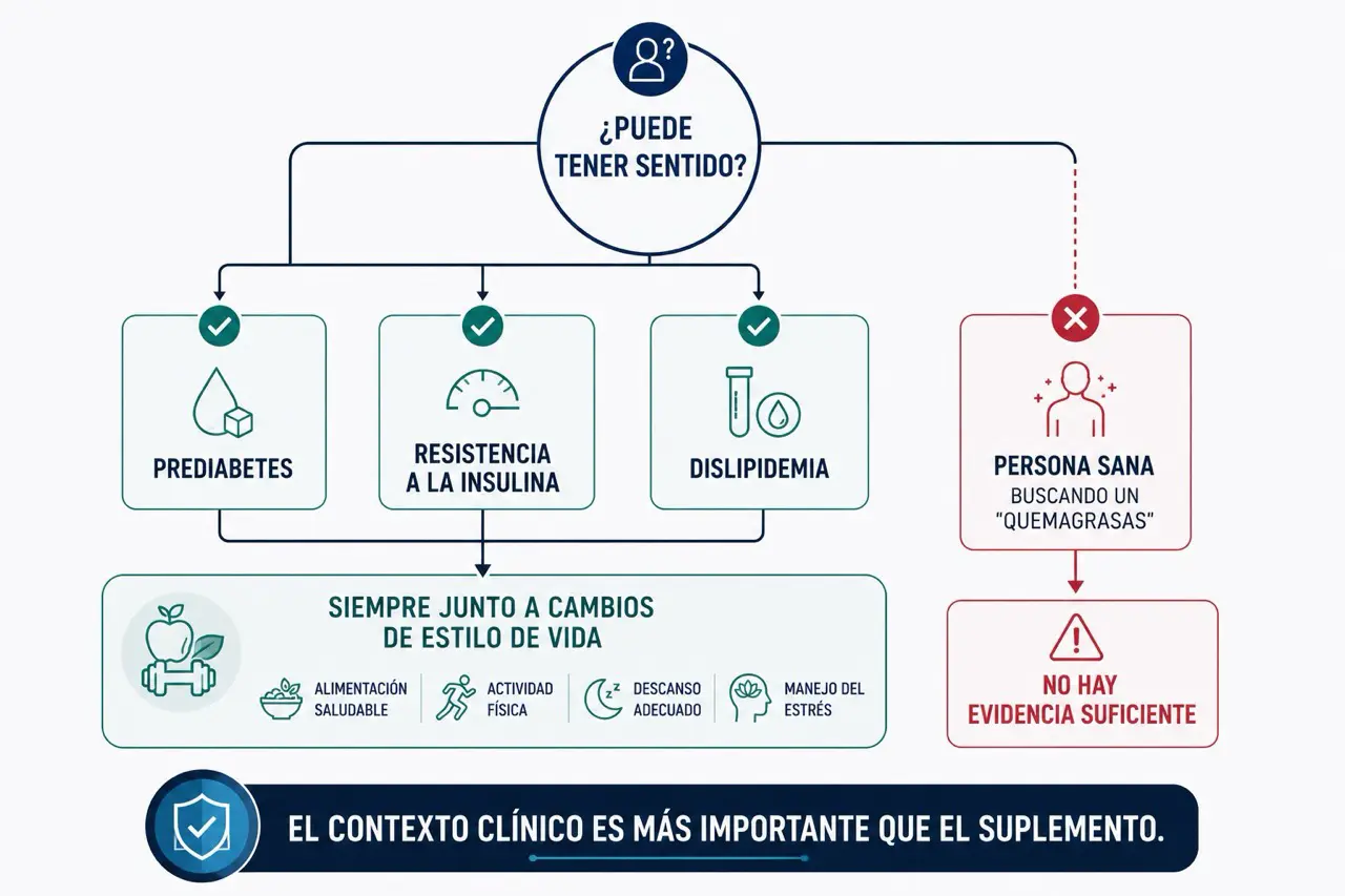 Diagrama de decision sobre cuando puede tener sentido la berberina en prediabetes, resistencia a la insulina o dislipidemia y cuando no usarla como quemagrasas