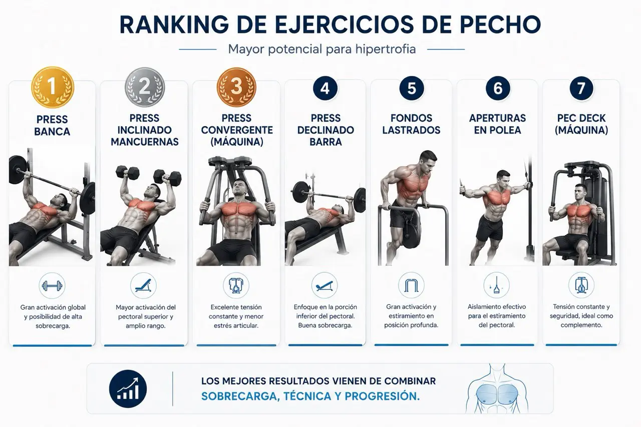 Ranking visual de ejercicios de pecho para hipertrofia con press banca, press inclinado con mancuernas, press convergente y otros ejercicios ordenados por jerarquia