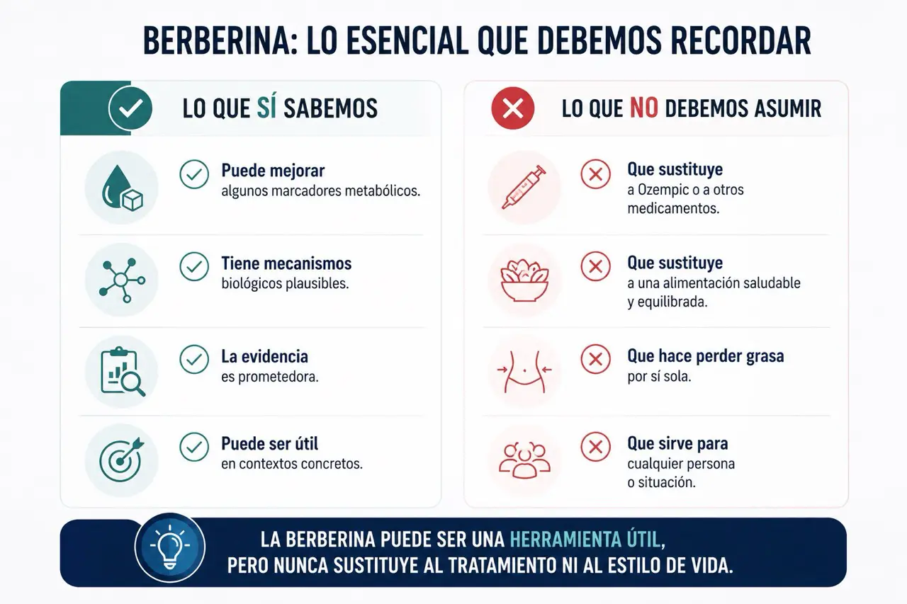 Comparativa editorial que resume lo que se sabe sobre la berberina: marcadores metabolicos, mecanismos plausibles, evidencia prometedora y utilidad en contextos concretos
