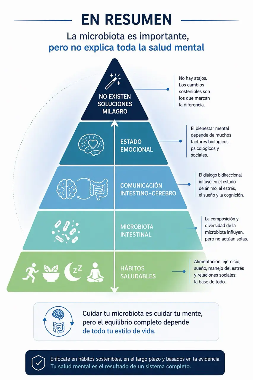 Piramide visual del eje intestino-cerebro con habitos saludables, microbiota, comunicacion intestino-cerebro, estado emocional y ausencia de soluciones milagro